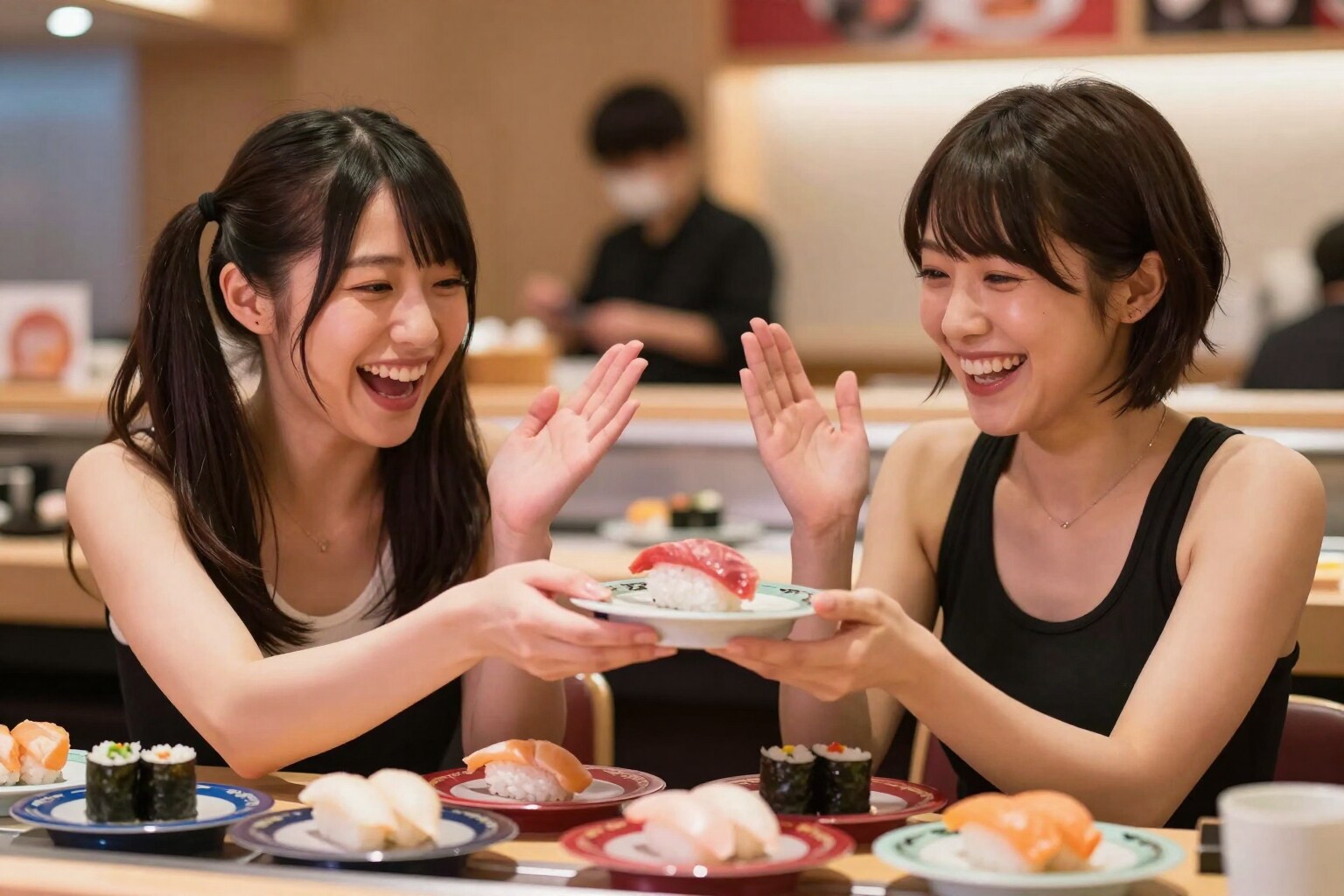 友達と寿司デート、幸せの皿が次々来るよ〜