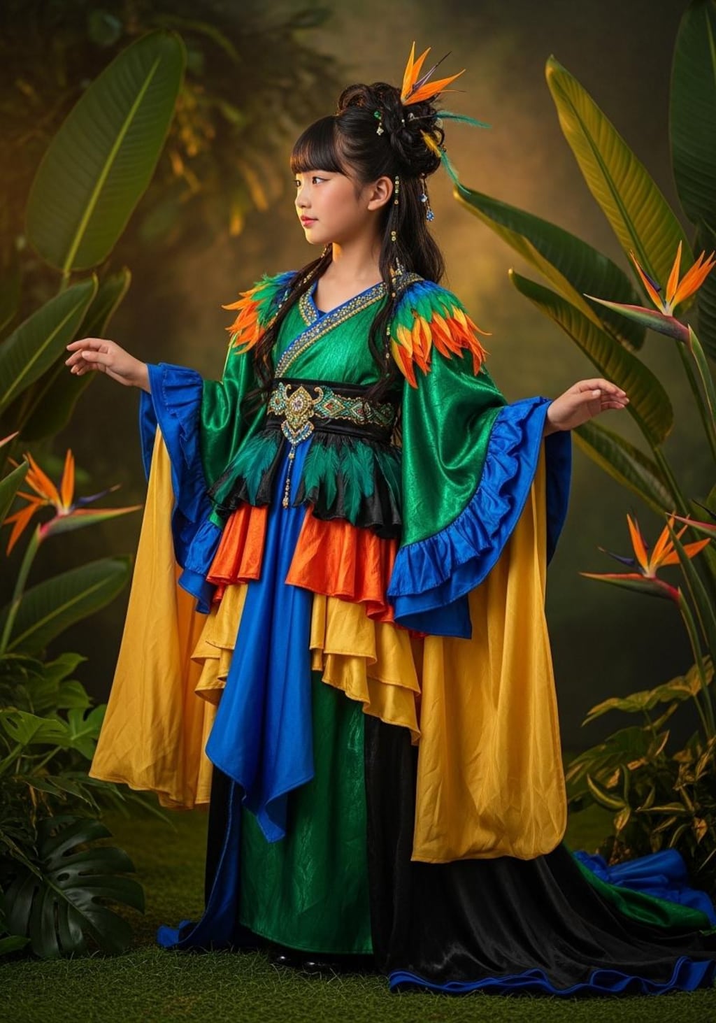 「極楽鳥」をモチーフとした、極彩色で幻想的なファンタジーファッションを纏う少女。