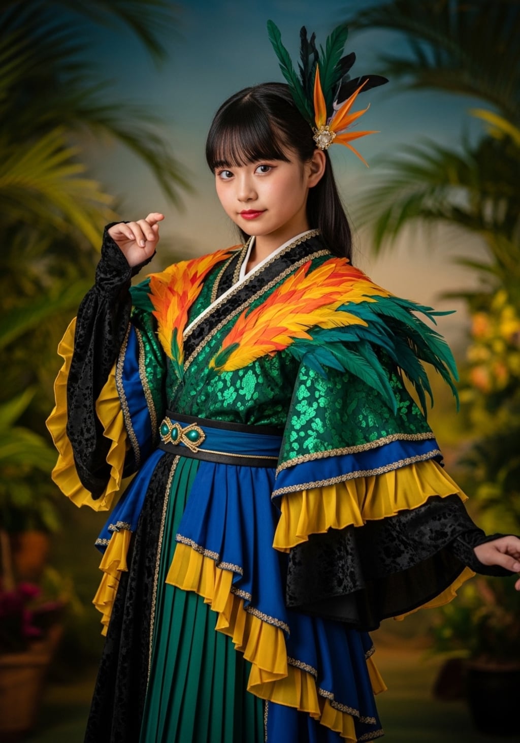 「極楽鳥」をモチーフとした、極彩色で幻想的なファンタジーファッションを纏う少女。