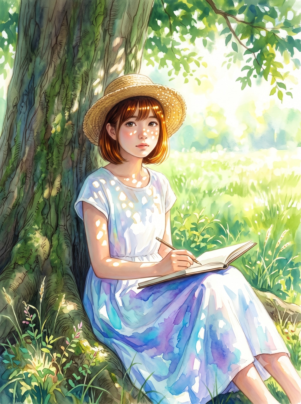 緑蔭の囁き―光と風のスケッチ―　★印象派系イラスト（AI併用作品）★