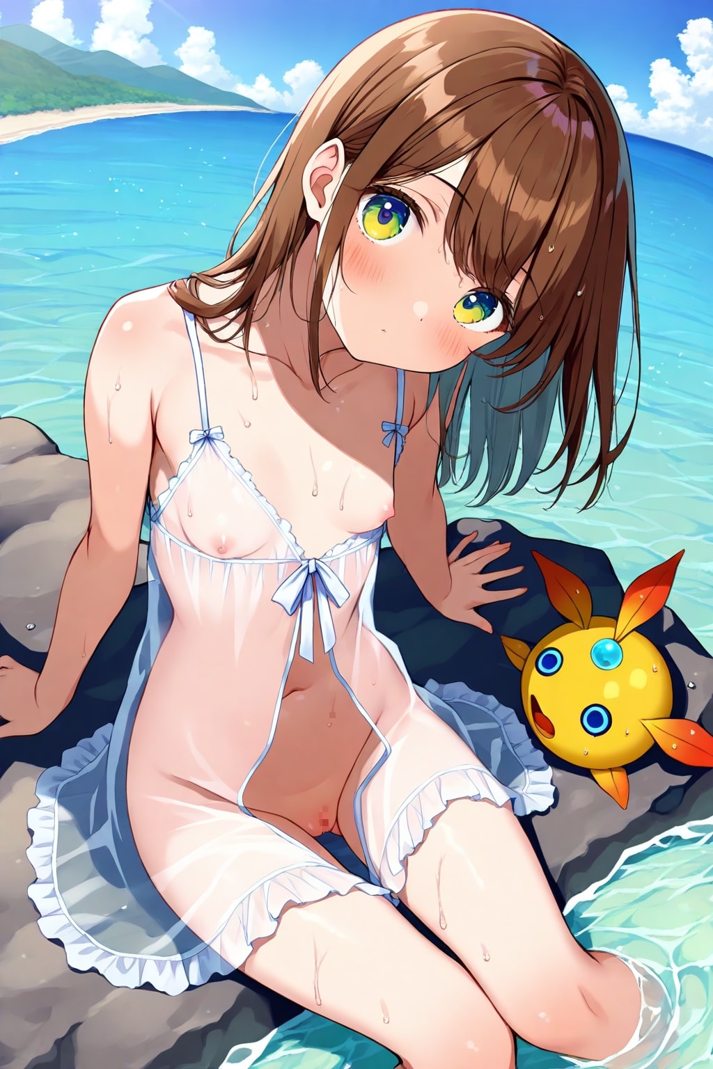 海で遊ぶ透け透けエッチ下着の女の子