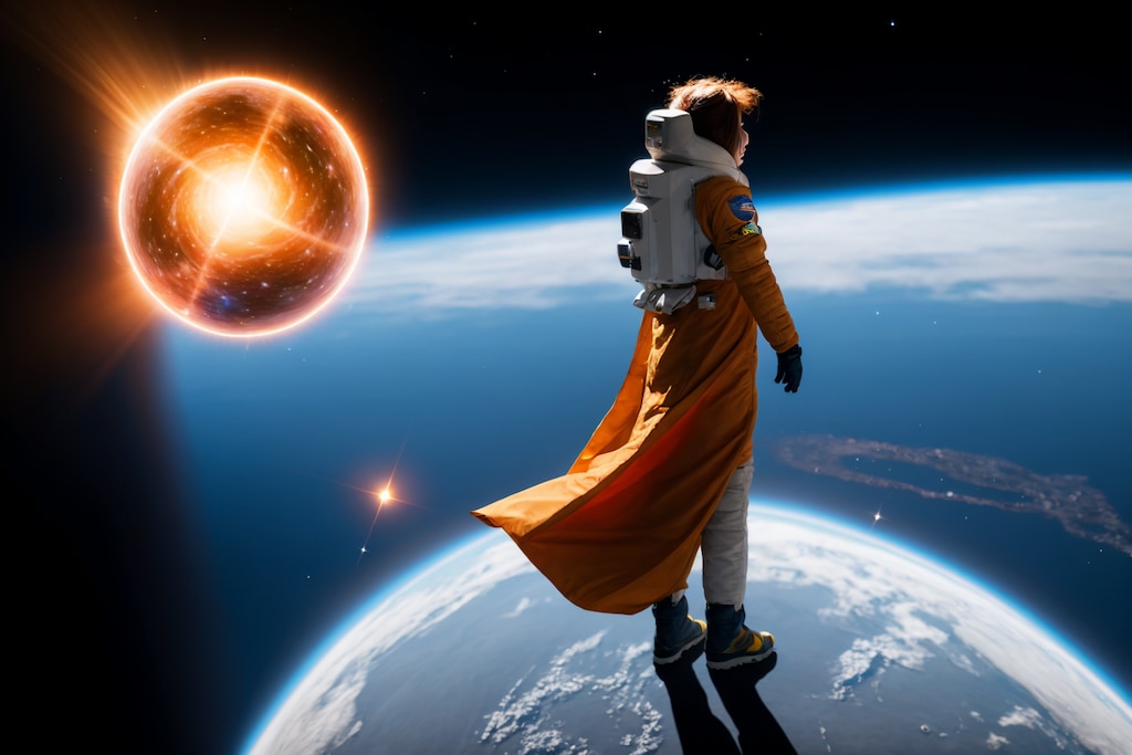 中性子星のパルサーが輝く宇宙空間に美しい女性