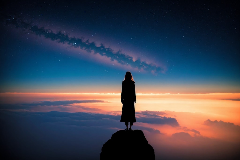 中性子星のパルサーが輝く宇宙空間に美しい女性