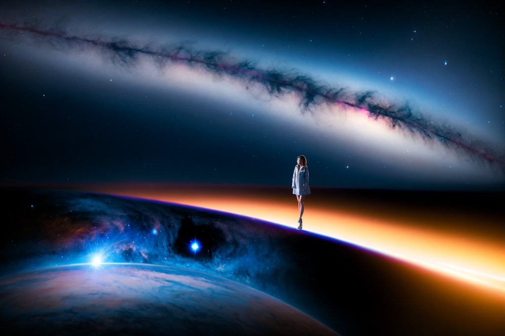 中性子星のパルサーが輝く宇宙空間に美しい女性