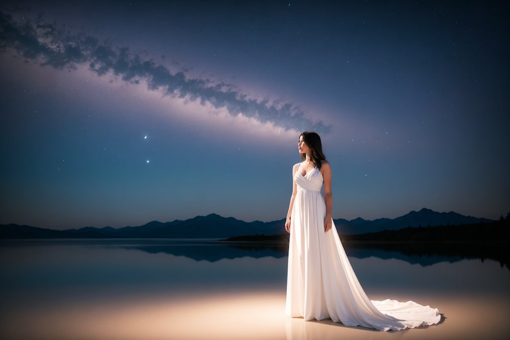 中性子星のパルサーが輝く宇宙空間に美しい女性