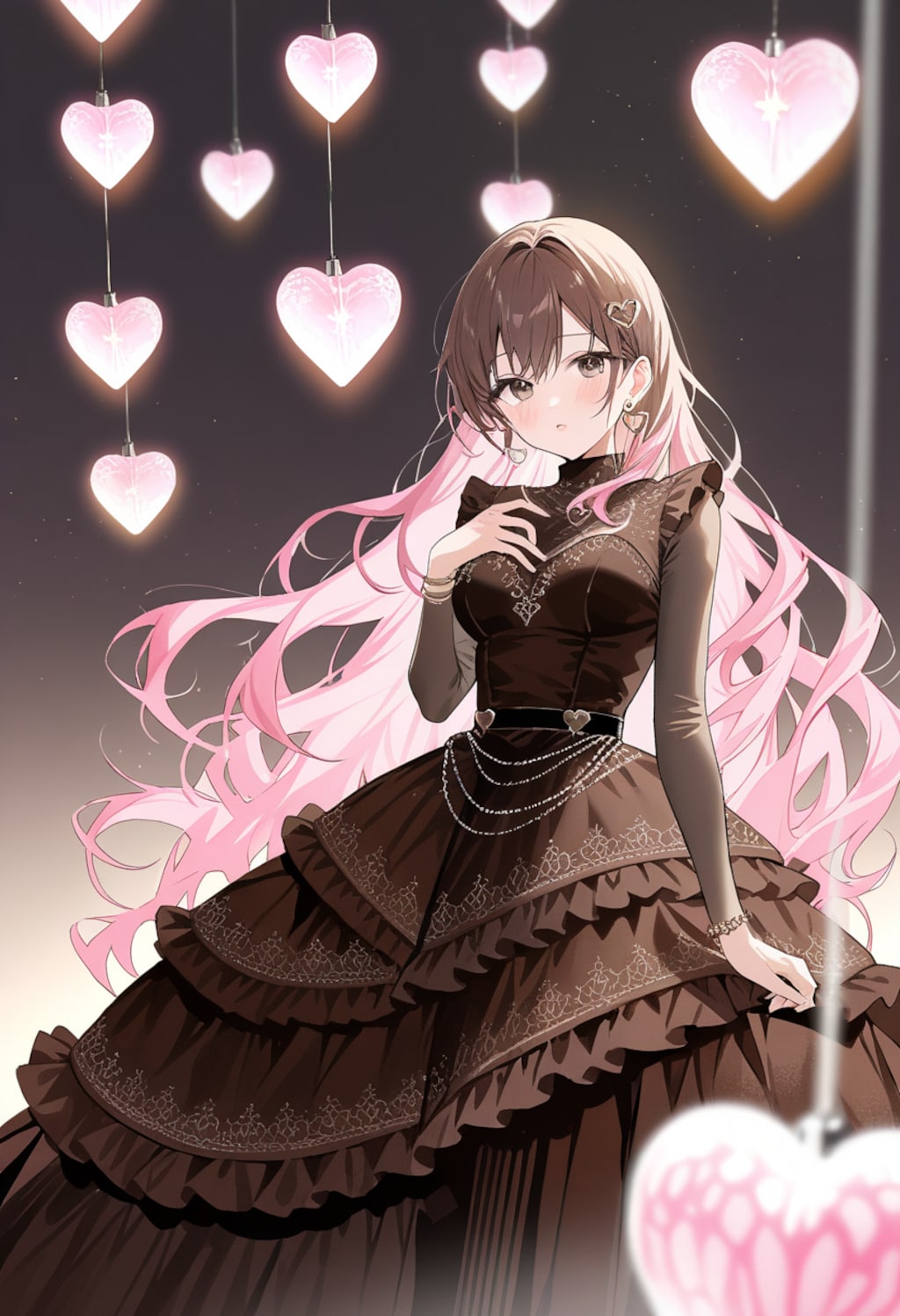 光のハートが舞う闇の中の一瞬を切り取った構図