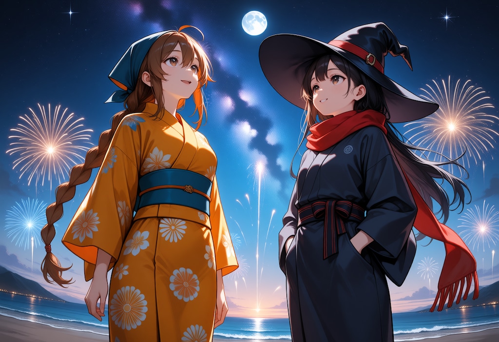 花火を楽しむ師匠さんと魔女さん