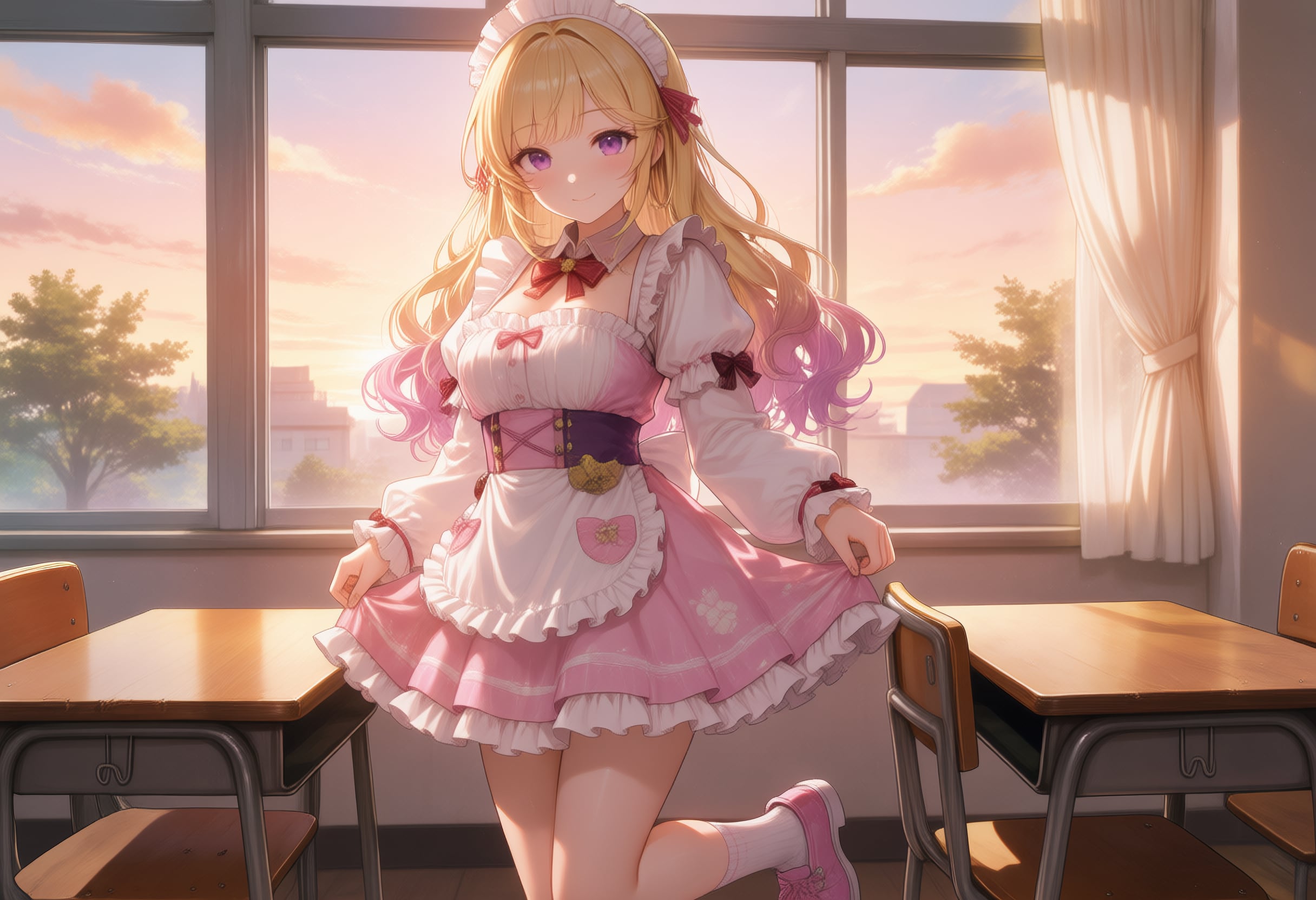 夕焼け教室のピンクメイド | の人気AIイラスト・グラビア