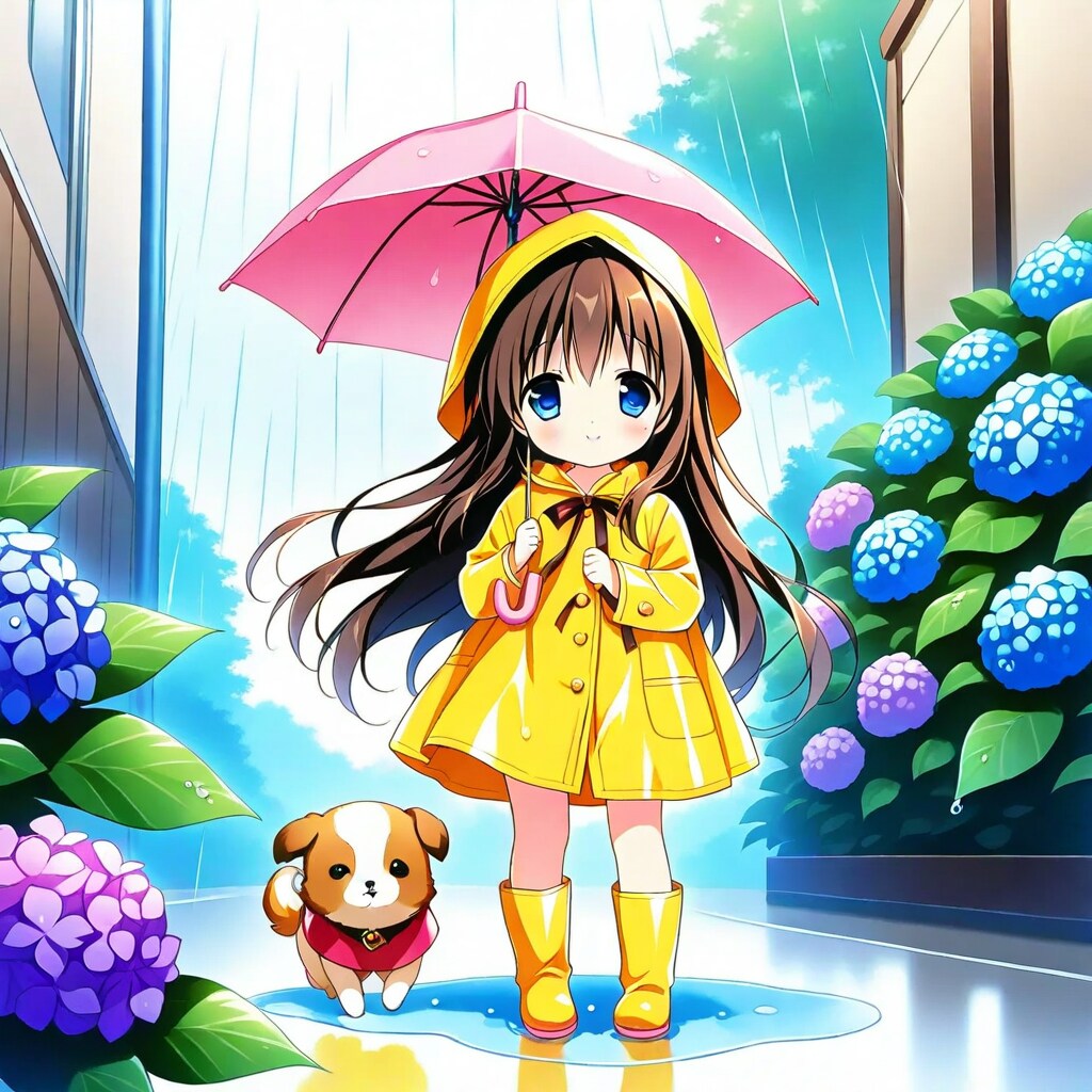 雨の日散歩する小さな女の子