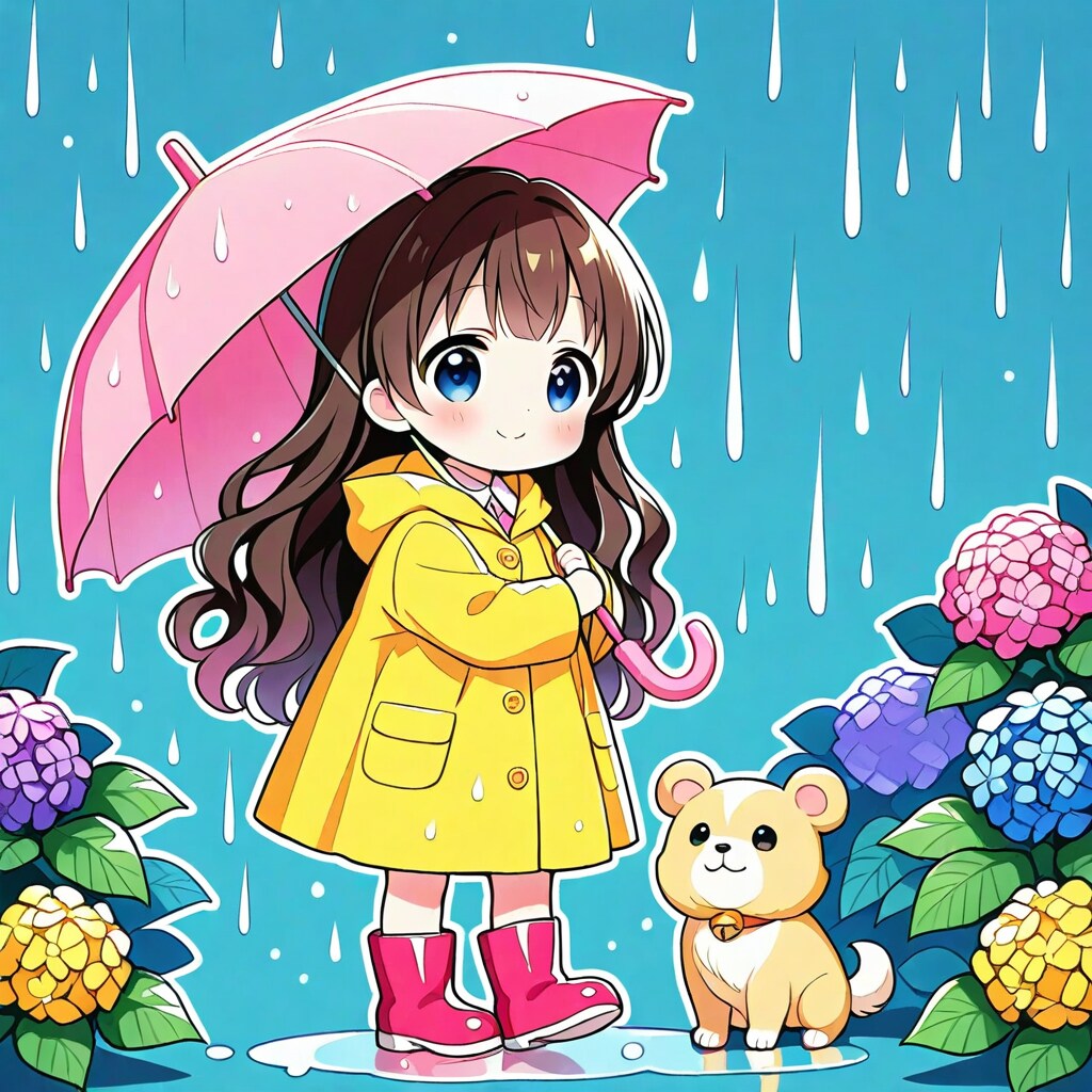 雨の日散歩する小さな女の子