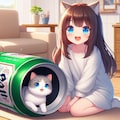 巨大ビール缶で遊ぶ猫を眺める小さな女の子 3枚目