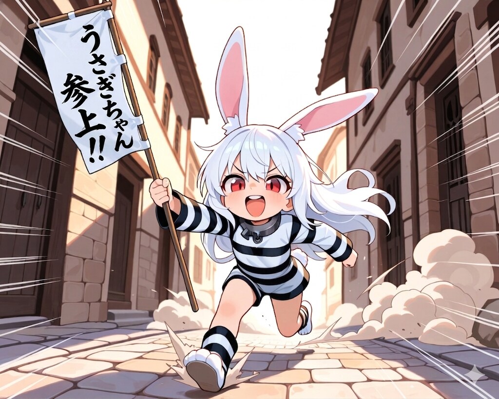 のぼりを持って走るうさぎちゃん！！