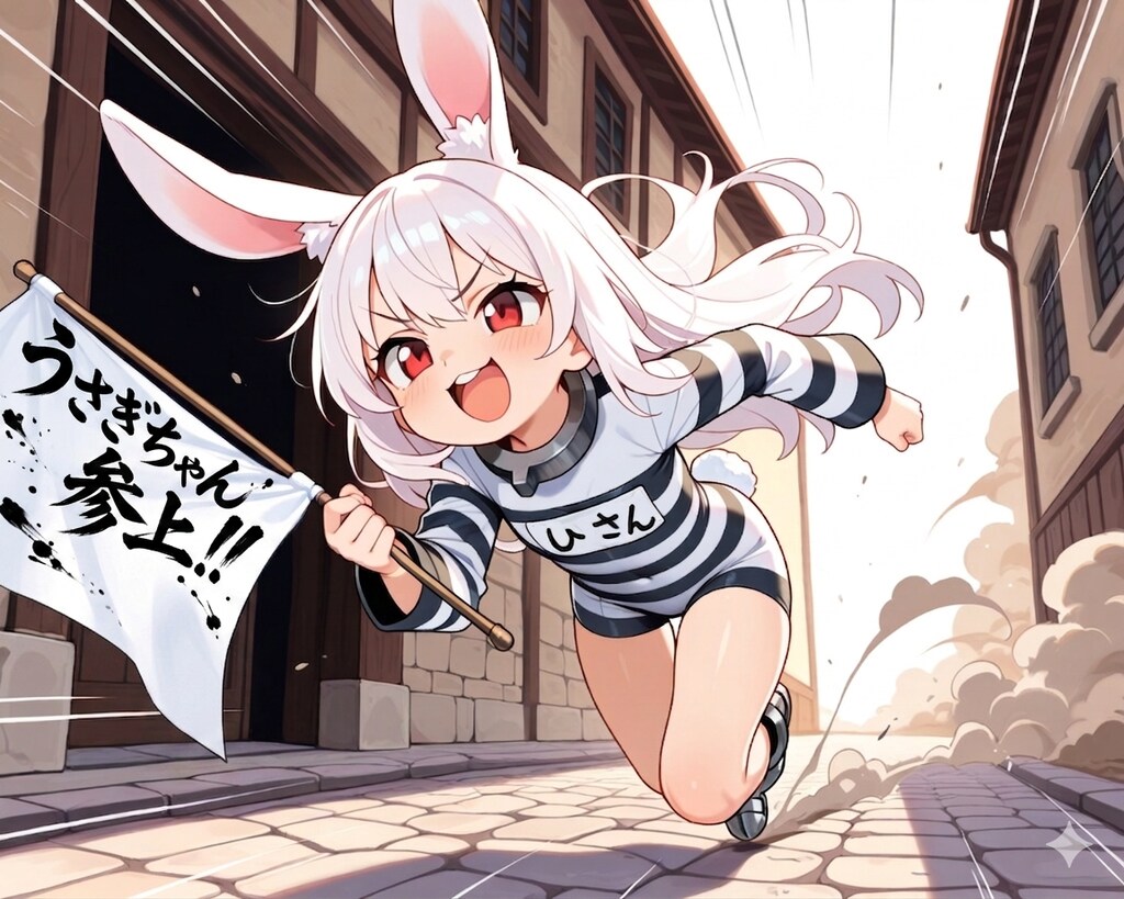 のぼりを持って走るうさぎちゃん！！