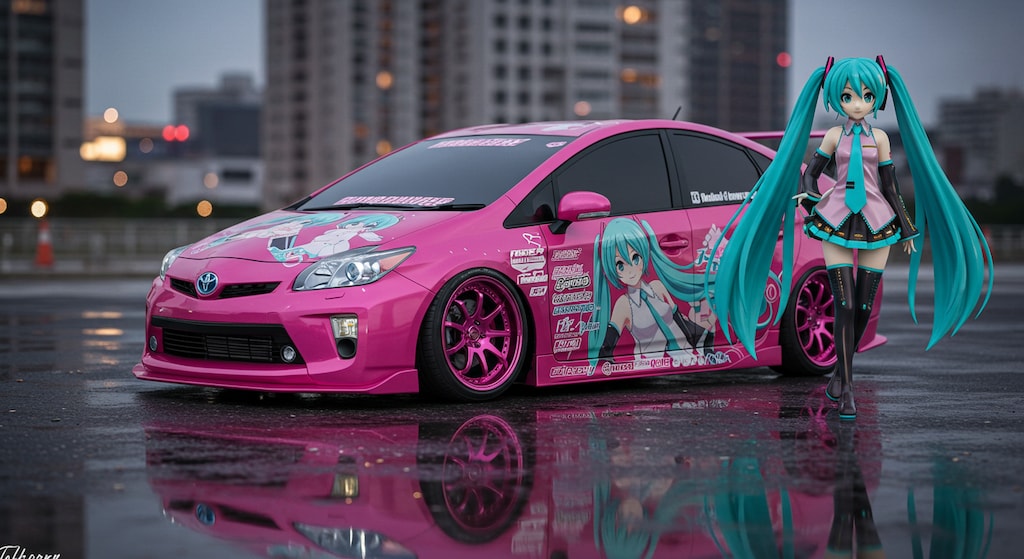 初音ミクとピンクカラープリウス