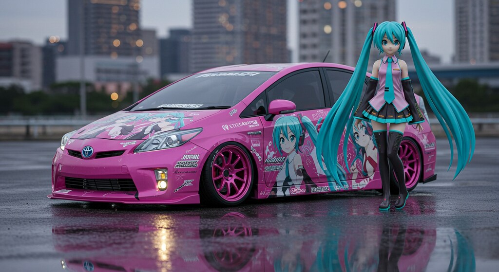 初音ミクとピンクカラープリウス
