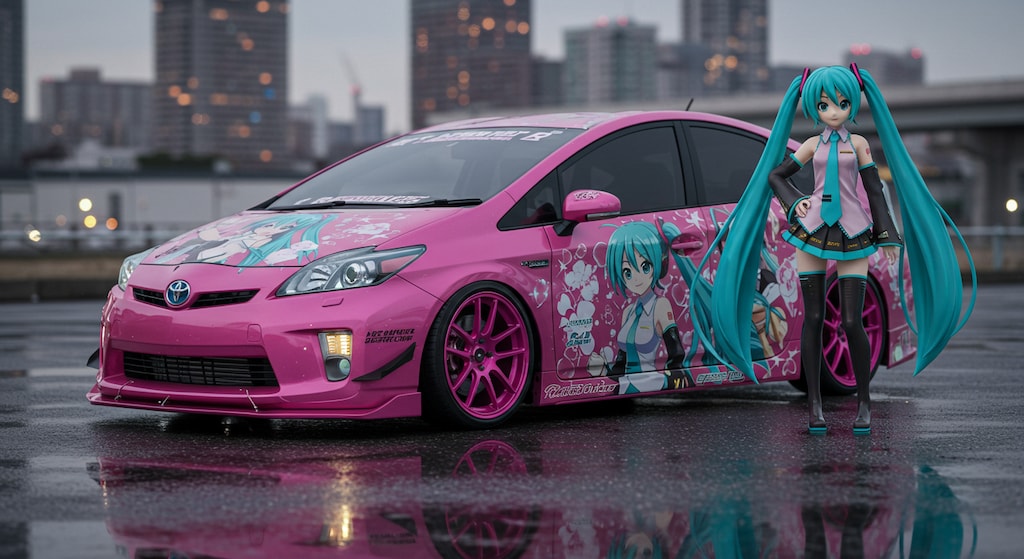 初音ミクとピンクカラープリウス