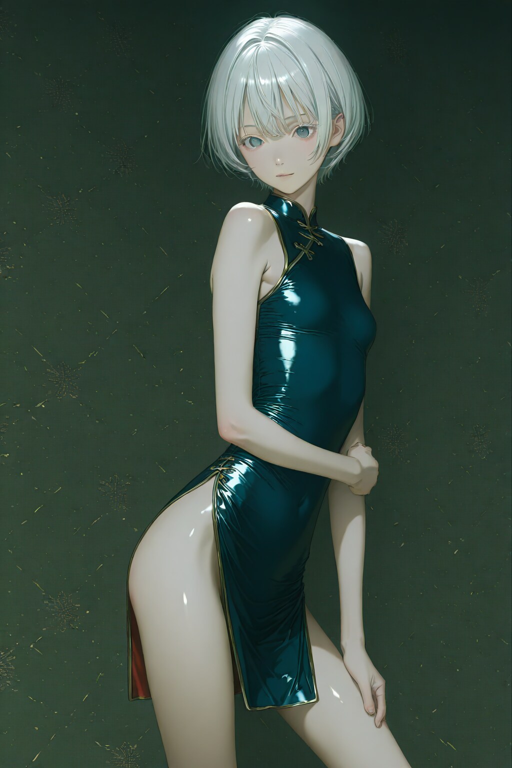 スキニーな旗袍の白銀睫毛の女性