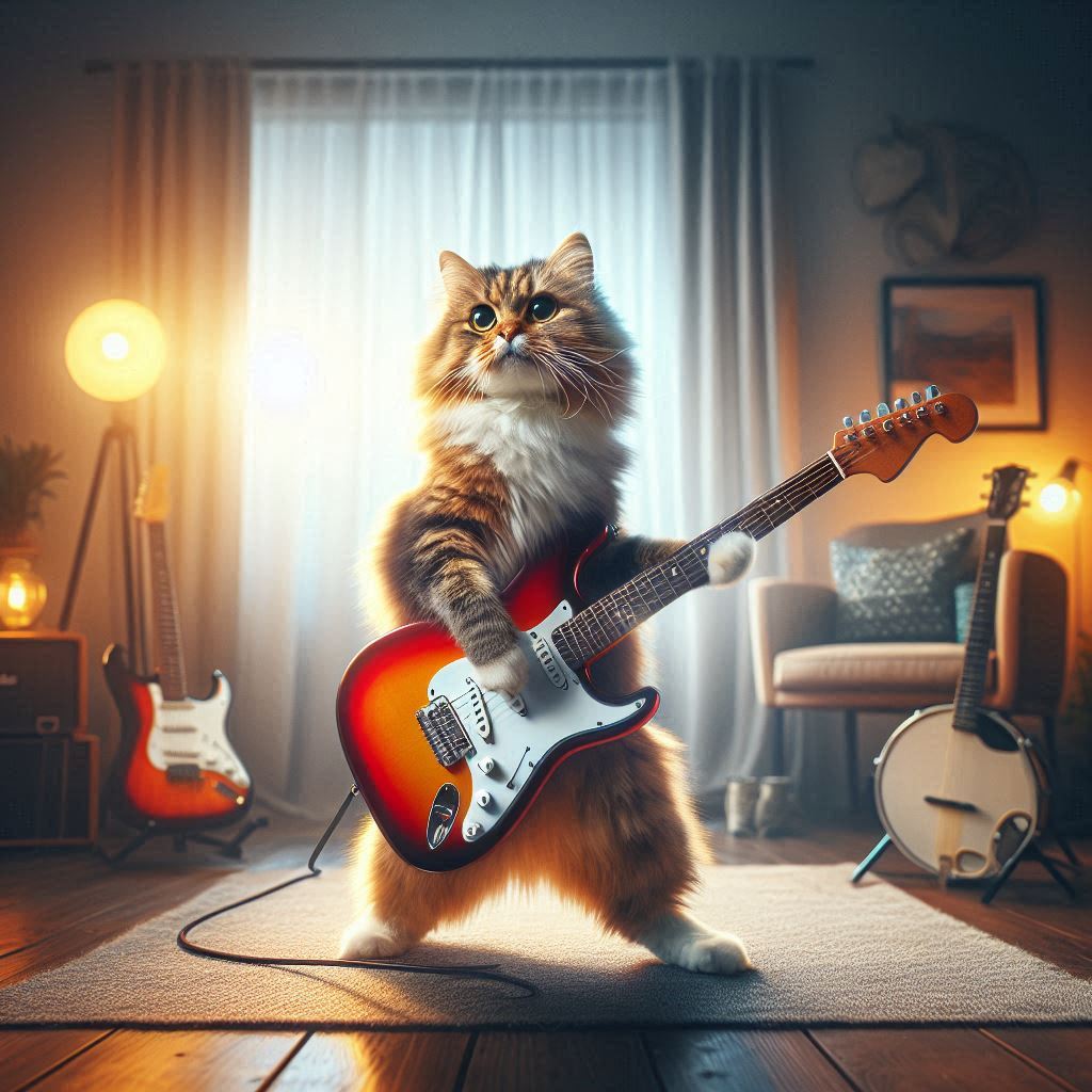 エレキギターを弾く猫