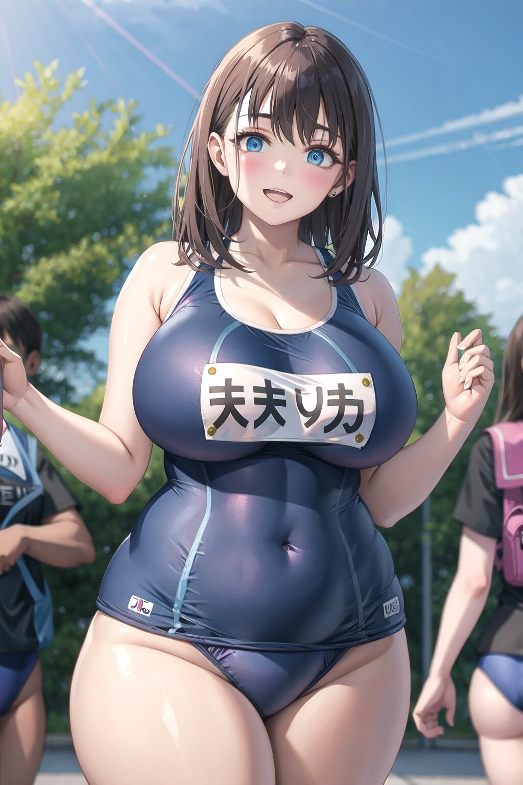 撮影の為スクール水着姿で集まっているプラスサイズモデル