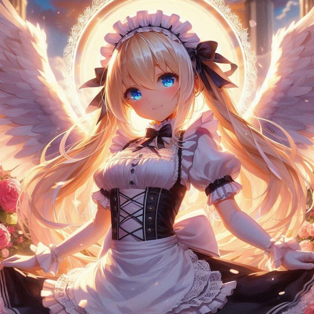 アクリルアニメ風、薔薇と天使メイド魔法少女コスプレ金髪人妻