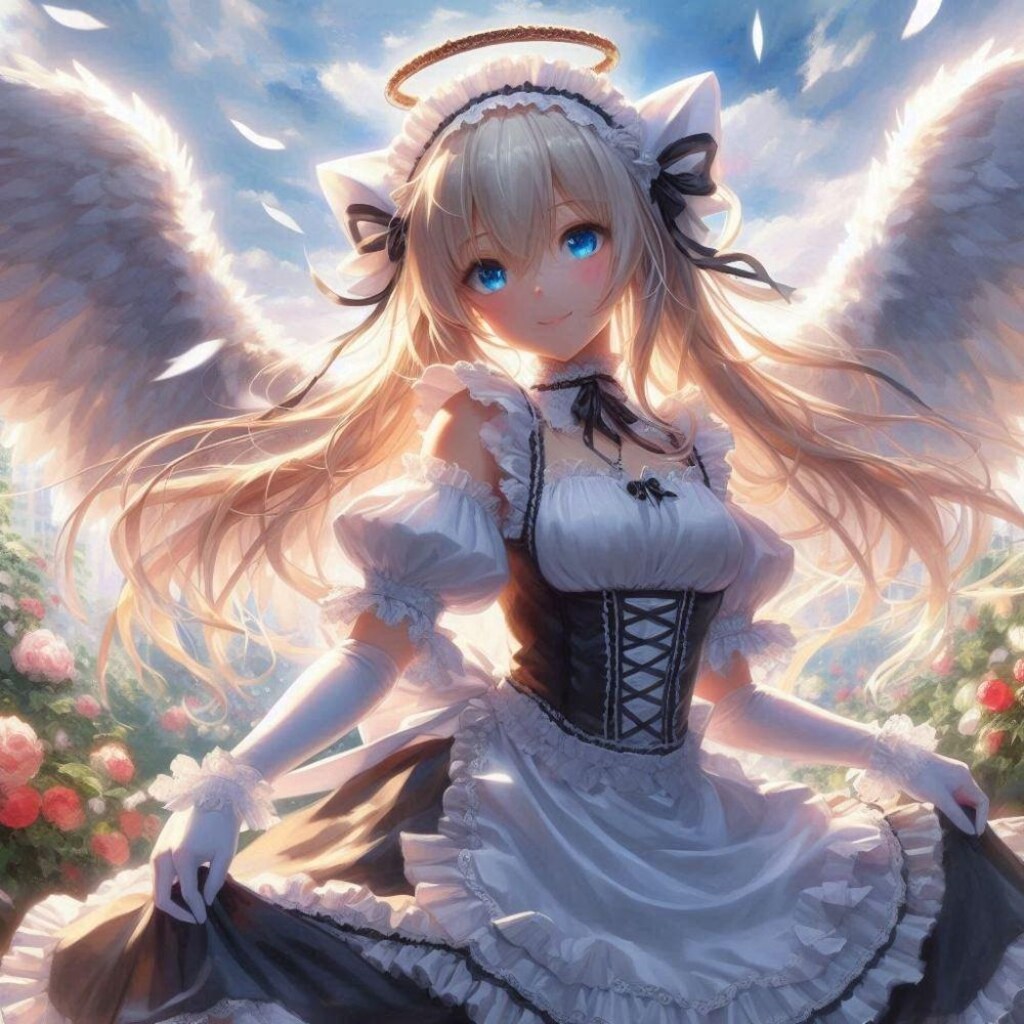 アクリルアニメ風、薔薇と天使メイド魔法少女コスプレ金髪人妻