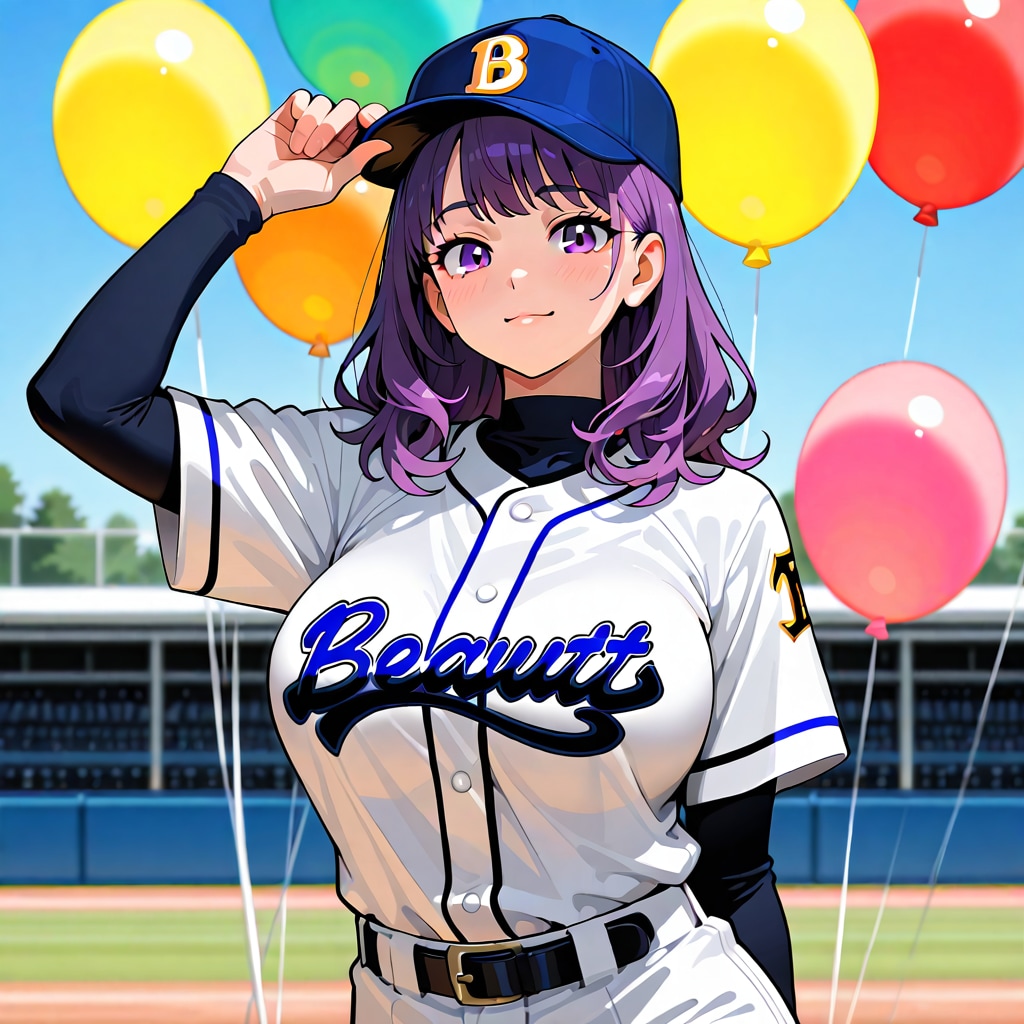 いっぱい色とりどりの風船を持つ紫髪ロングウェーブヘアの野球ユニフォーム着た美女 | の人気AIイラスト・グラビア