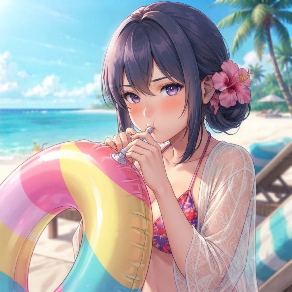 浮き輪を膨らましている