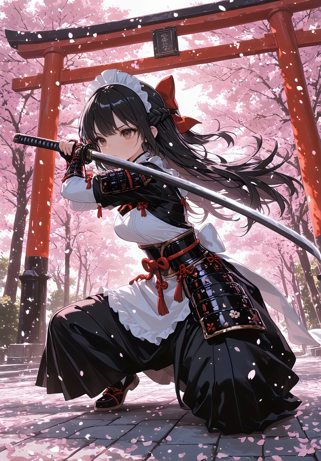 桜下に舞う侍装メイド