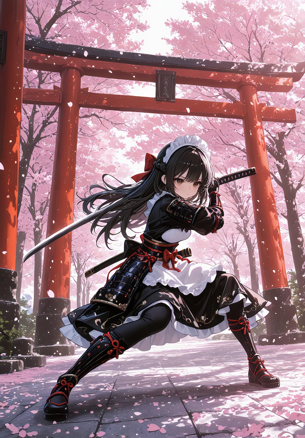 桜下に舞う侍装メイド