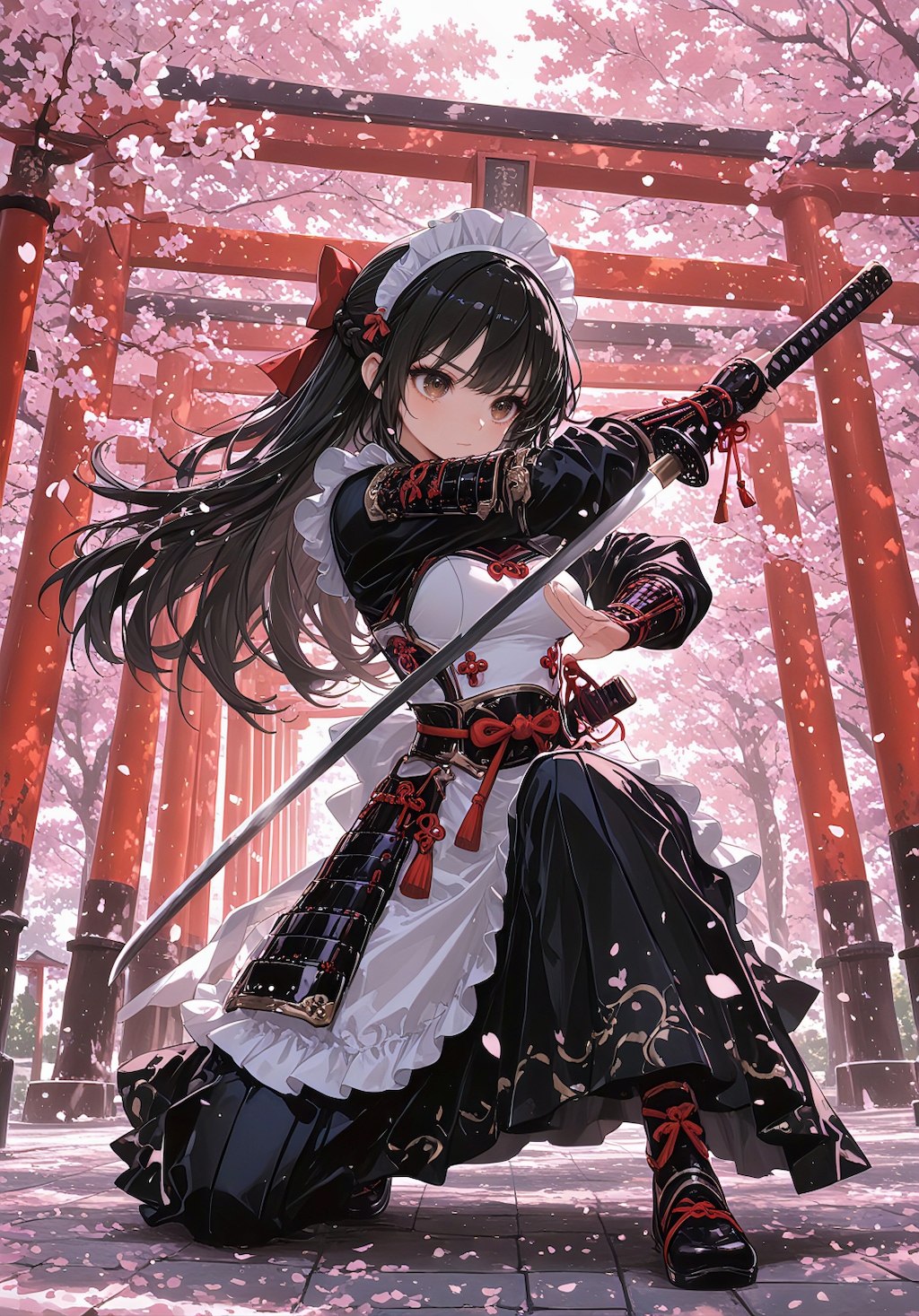 桜下に舞う侍装メイド