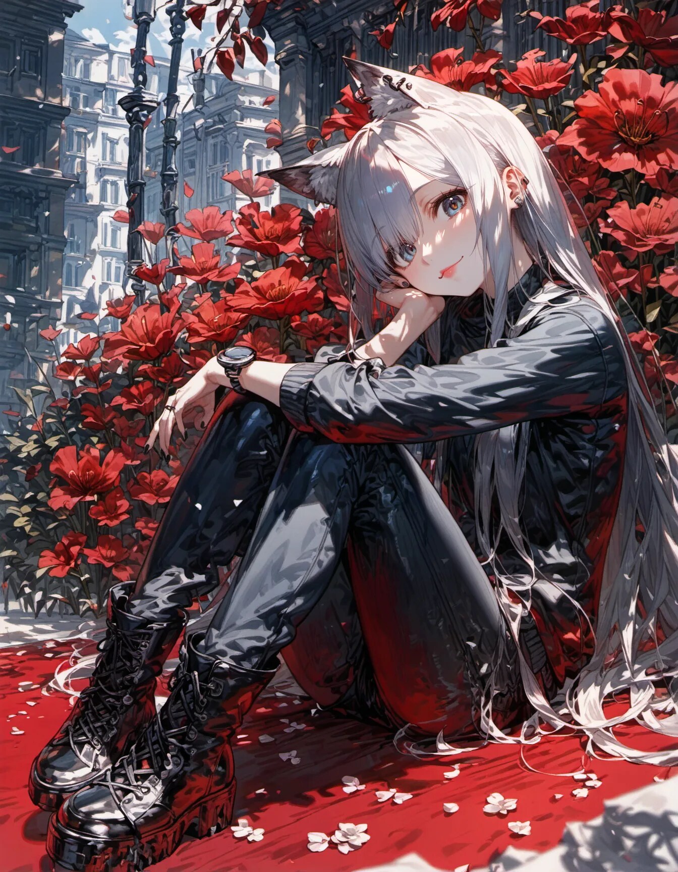 Crimson Blooms and Silver Hair | の人気AIイラスト・グラビア