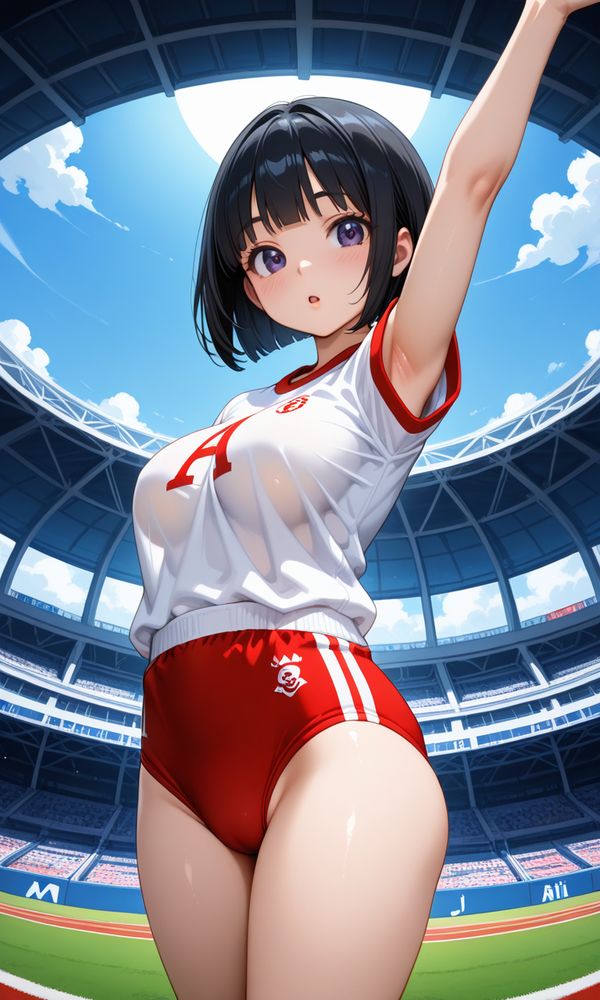 競技場にて、巨乳ブルマちゃんの腋見せ＋透け透け体操着