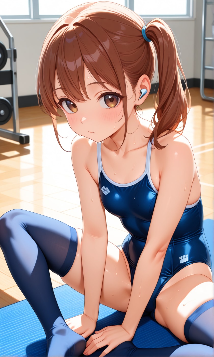 ジムで運動するスク水サイドポニー女子