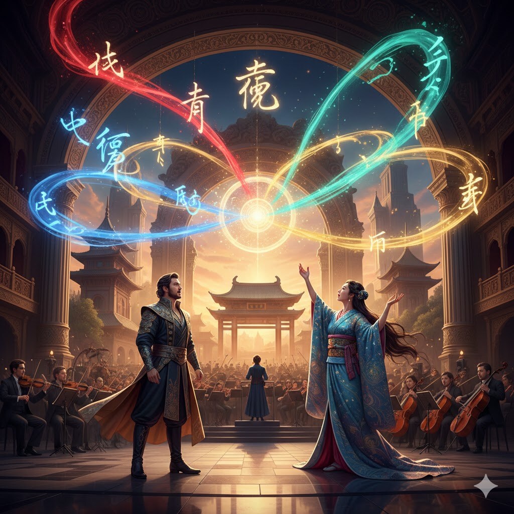 SUNOの簡易モードで英語、中国語、日本語、アラビア語を混ぜてダイナミックなオペラ音楽を作るには？ 歌手は男女混合です。