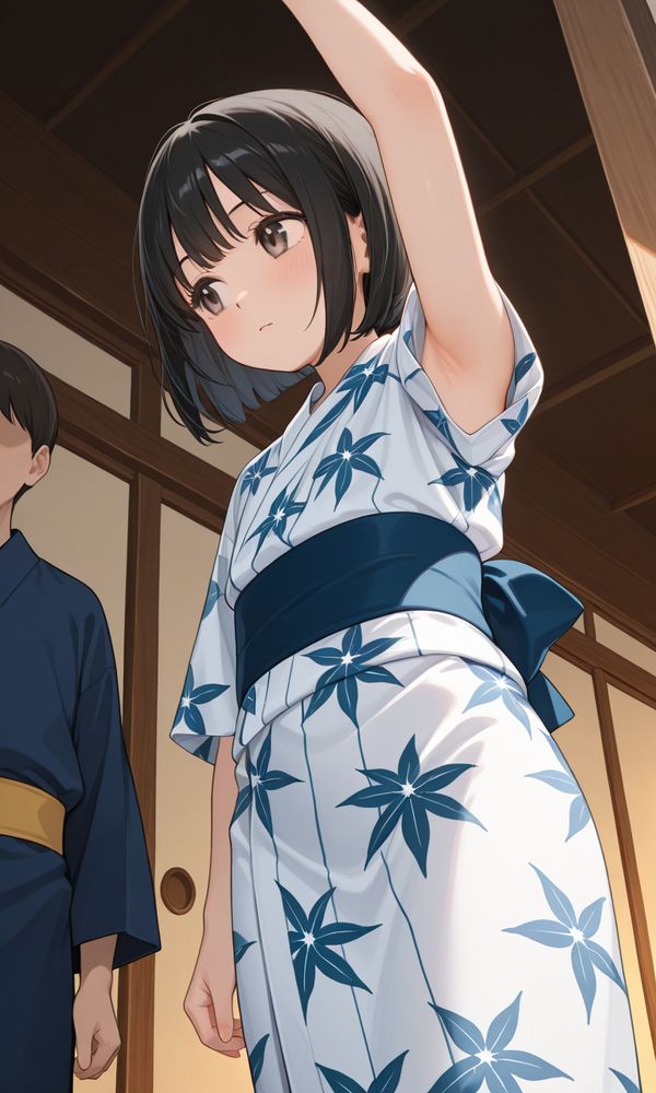 ちっぱいちゃんのワキ見せ浴衣！こぼれるようなモノはないですよ～だ | の人気AIイラスト・グラビア