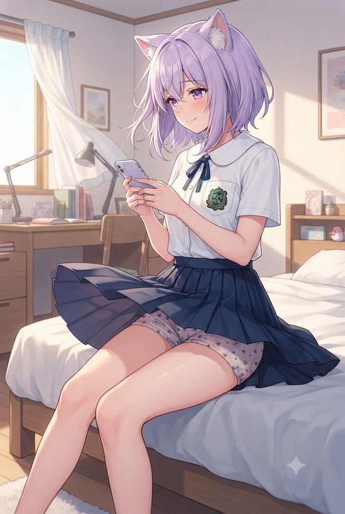 スマホをいじるパンチラの清楚系の制服シス