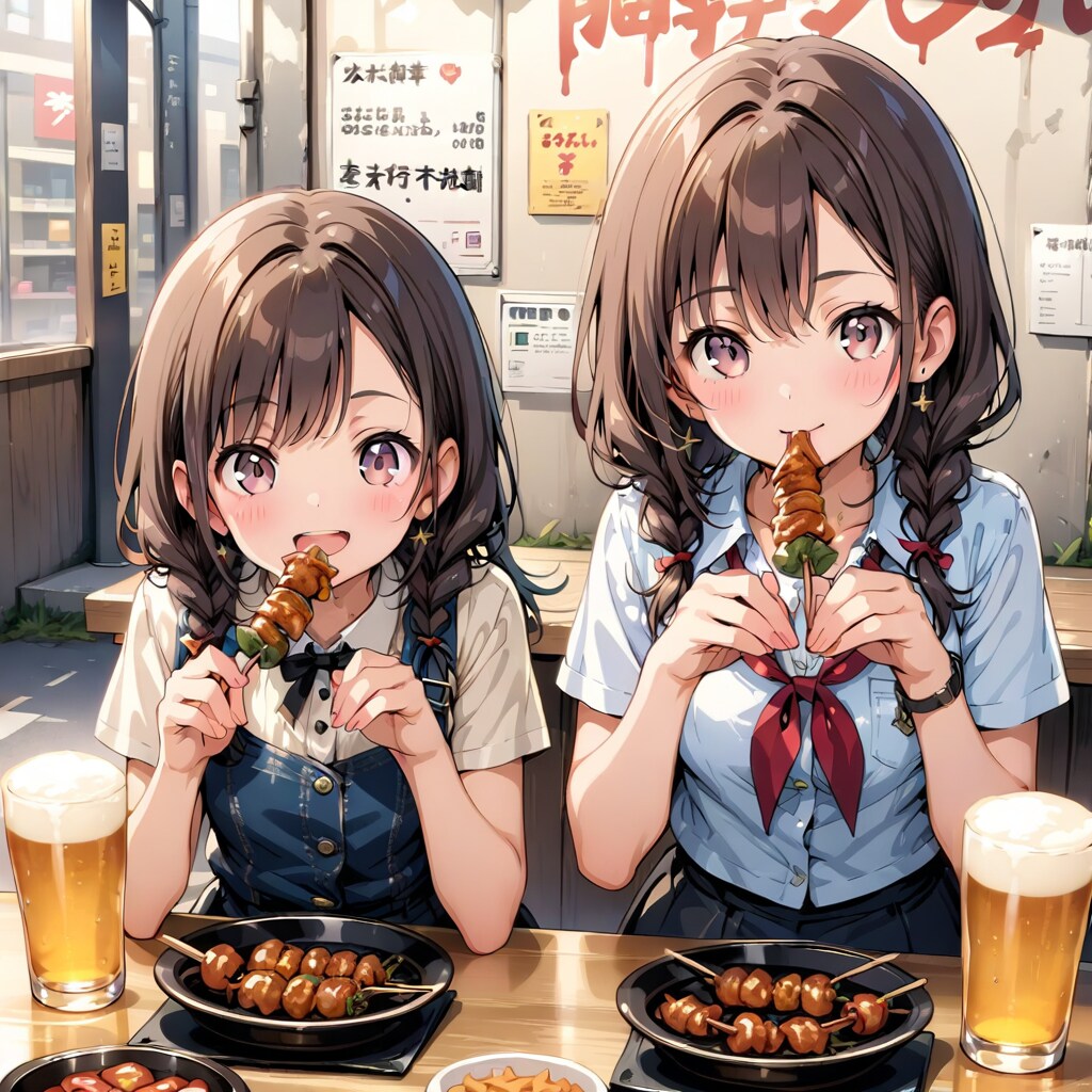 焼き鳥を食べるお嬢さん