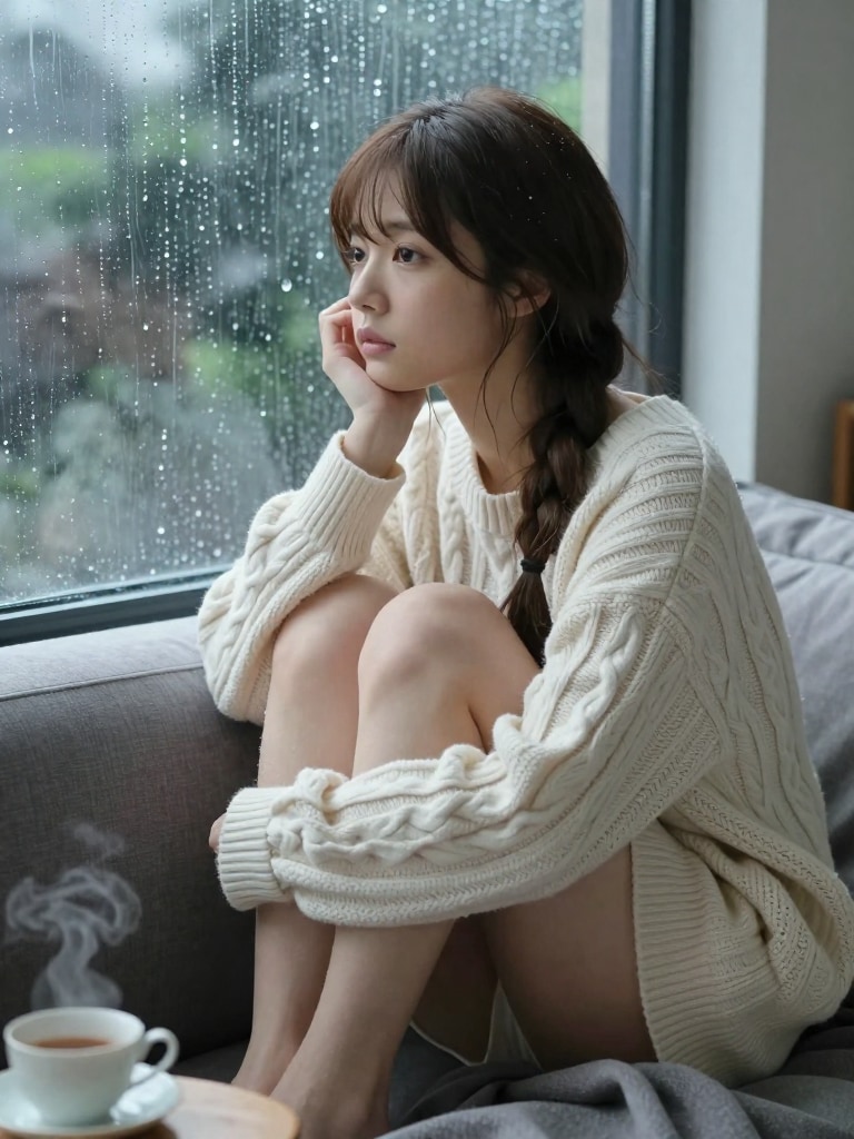 窓辺で彼を待ってる清楚美女