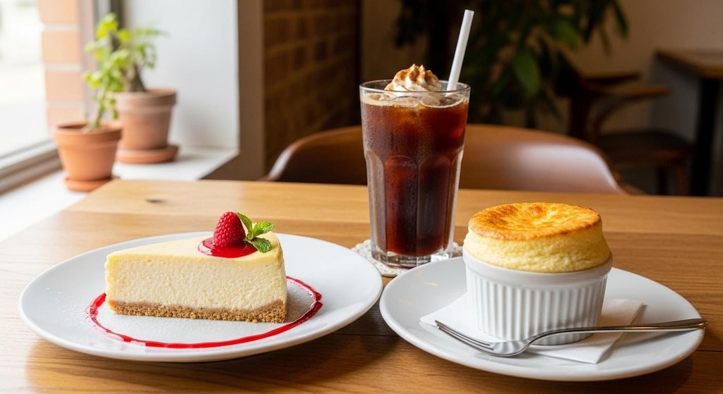 デザートのチーズケーキとチーズスフレのセット
