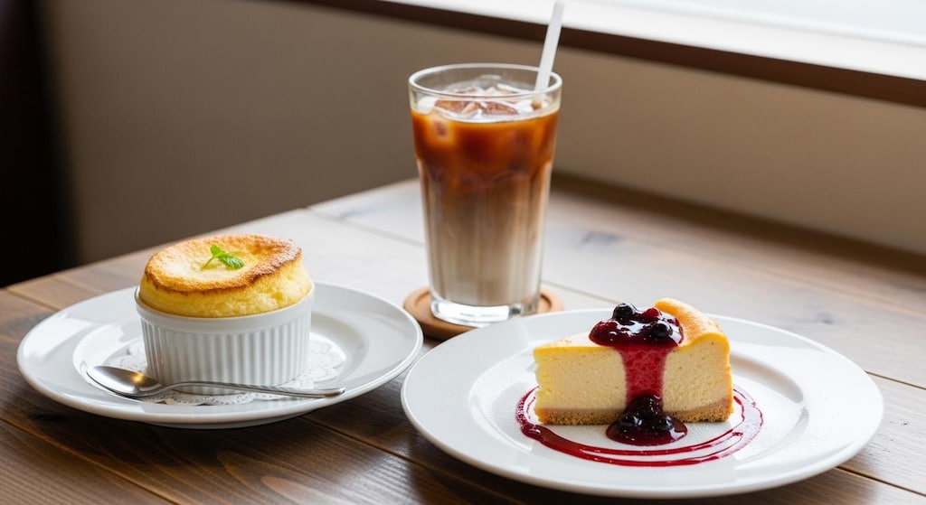 デザートのチーズケーキとチーズスフレのセット