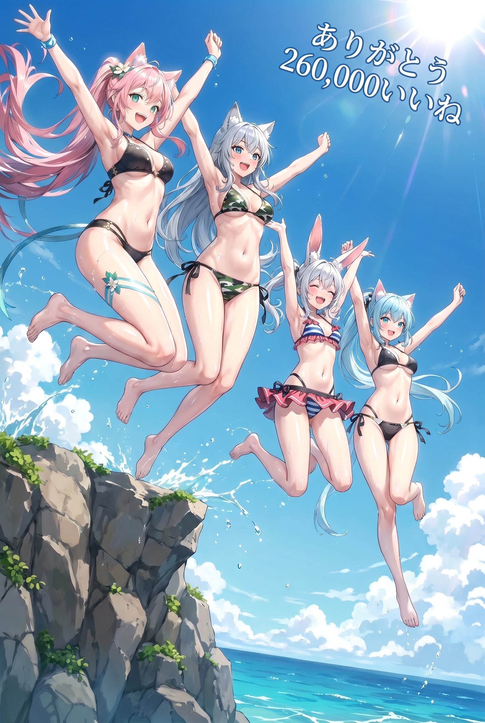 ㊗️260,000いいね到達🎉🎊「水着でジャンプ」👙💕✨🐱🐰🐺🐱🎶
