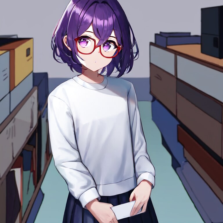 紫くせ毛、紫眼、赤眼鏡、白セーター