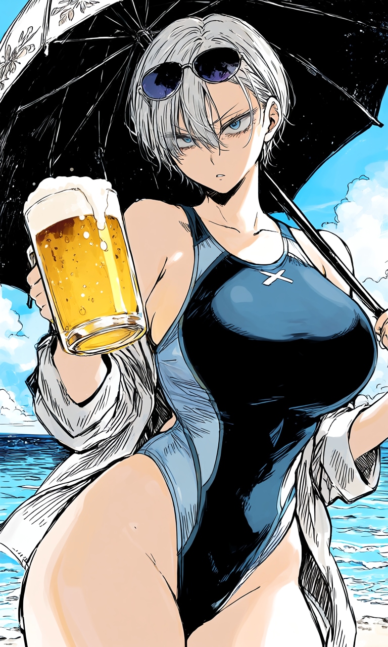 （ビール販促水着ポスター風）「ヤ○キー娘？（20歳）＋日傘＋ビール」＆「お清楚お淑やか娘？（20歳）＋和傘＋ビール」