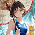 （ビール販促水着ポスター風）「ヤ○キー娘？（20歳）＋日傘＋ビール」＆「お清楚お淑やか娘？（20歳）＋和傘＋ビール」 2枚目