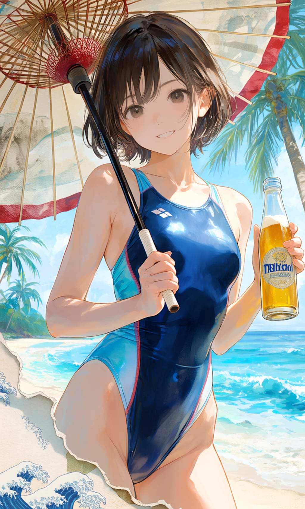 （ビール販促水着ポスター風）「ヤ○キー娘？（20歳）＋日傘＋ビール」＆「お清楚お淑やか娘？（20歳）＋和傘＋ビール」