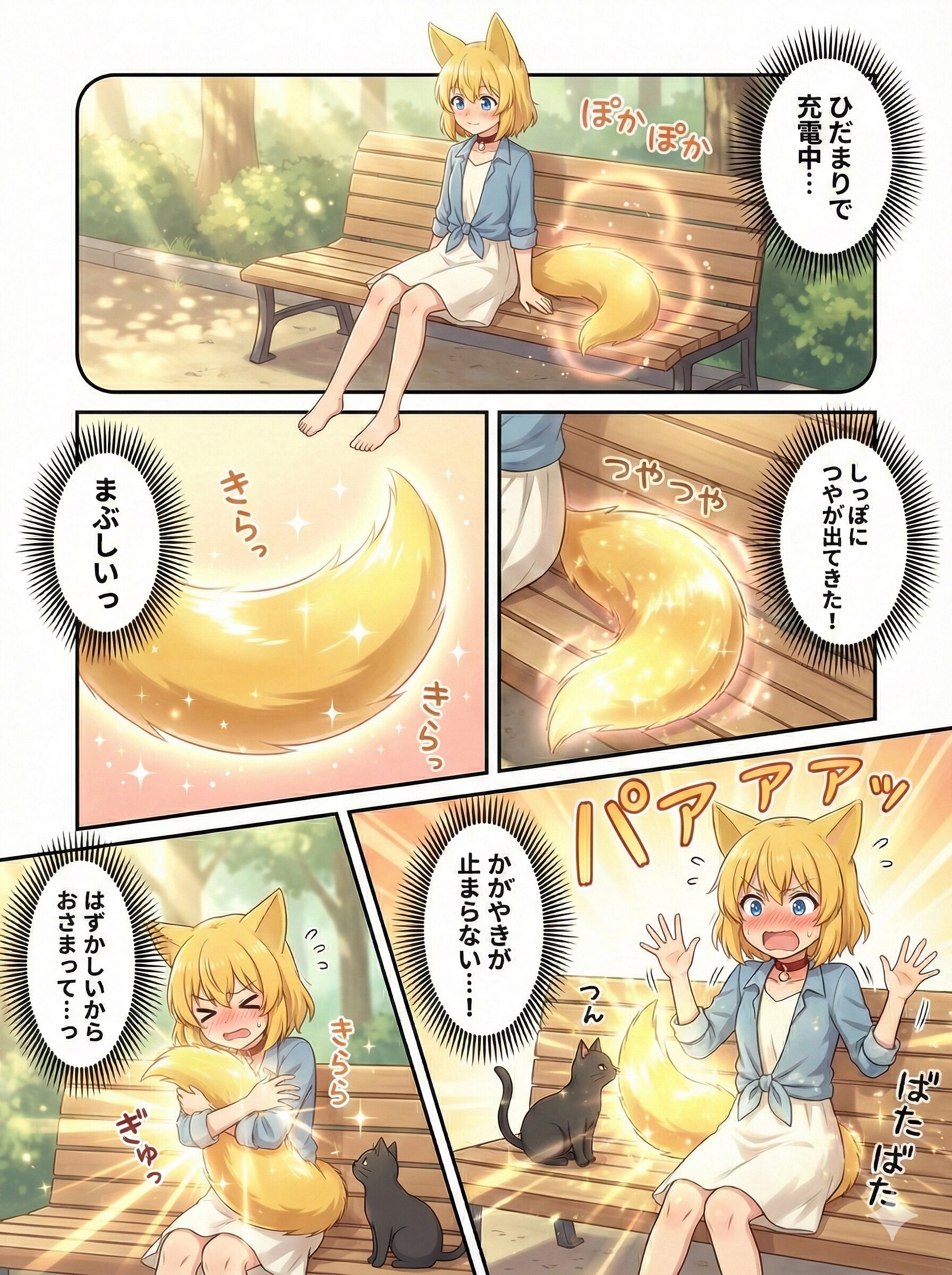 全身でおひさまの光を浴びていたら何故かしっぽにエネルギーが集中して輝きを押さえることができなくなり顔を赤くするキツネ | の人気AIイラスト・グラビア