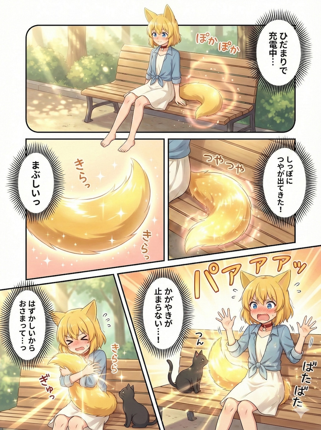 全身でおひさまの光を浴びていたら何故かしっぽにエネルギーが集中して輝きを押さえることができなくなり顔を赤くするキツネ