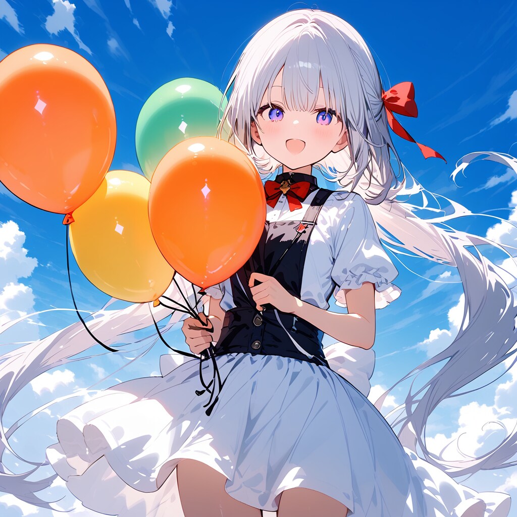 いっぱい風船を持つ白い髪ロングの美女。 | の人気AIイラスト・グラビア