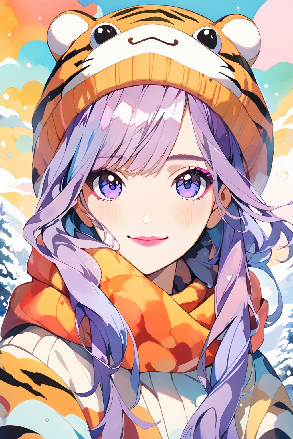 冬ファッションの紫髪ちゃん | の人気AIイラスト・グラビア