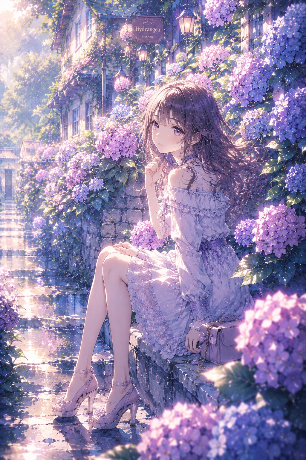 紫陽花と光る小径